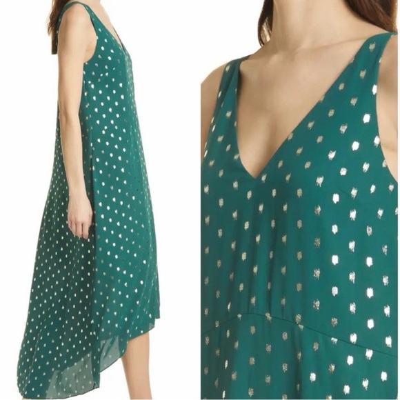 Ted Baker Cami Metallic Dot High/Low Shift Dress Green size 3/ US 8 - Picture 3 of 10